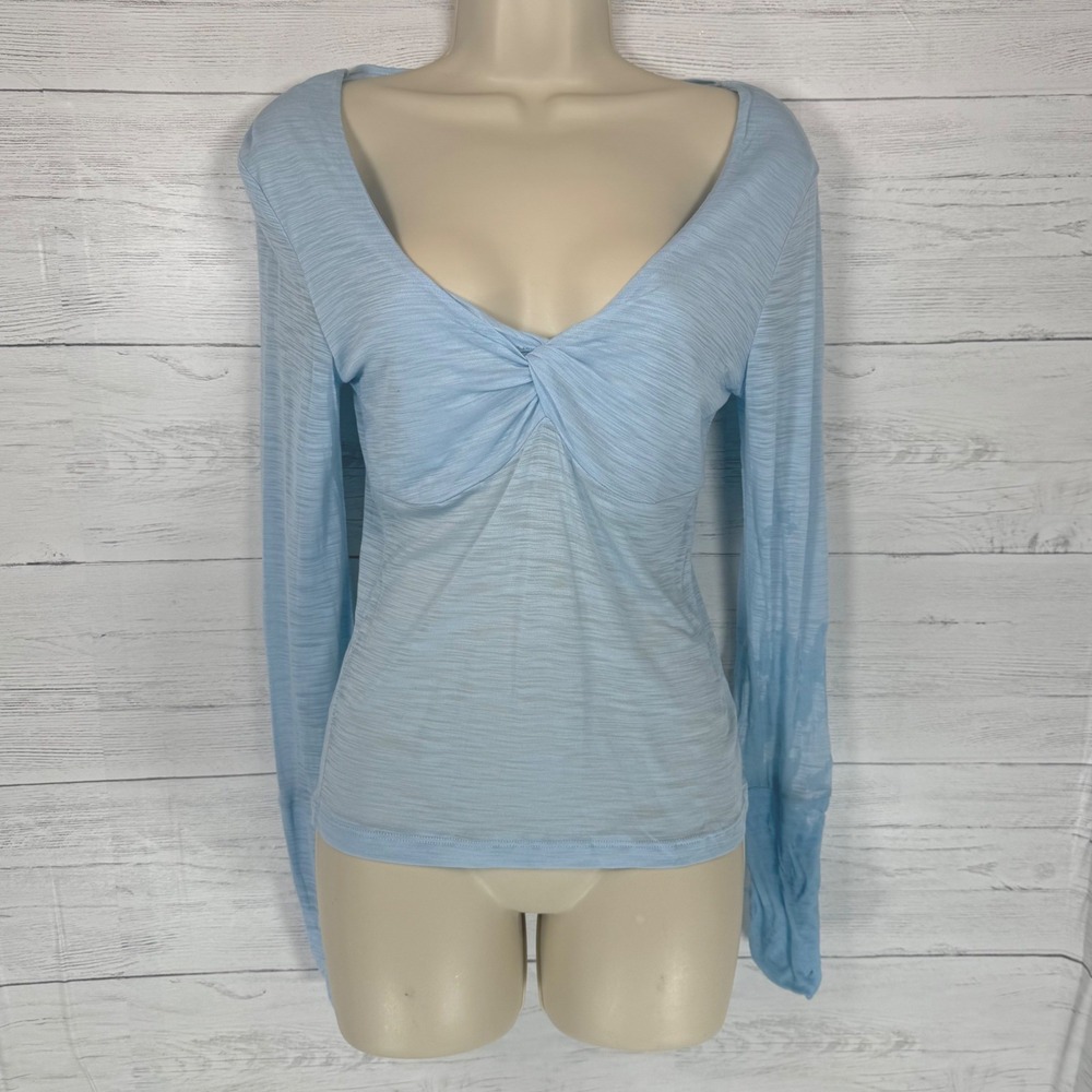 VTG Guess Y2K Sheer Baby Blue Twist Front Long Sleeve Top M babydoll deadstock - Picture 2 of 10